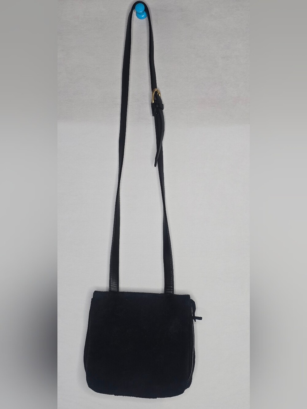 Vintage Sereta Faux Black Suede Leather Crossbody Brushed Gold